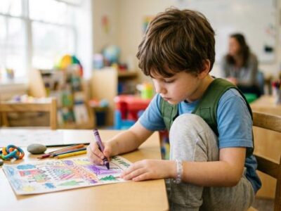 autizmu sergantis berniukas piešia