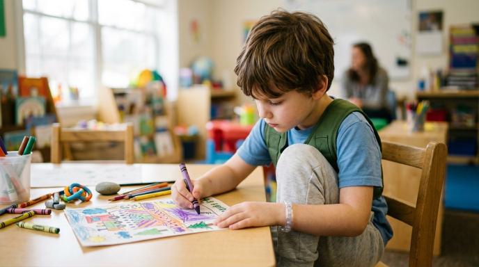 autizmu sergantis berniukas piešia