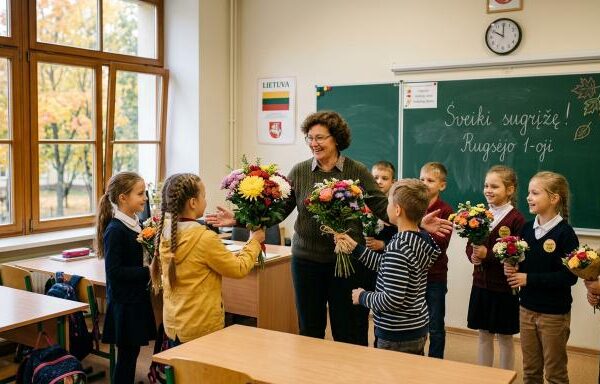 mokiniai sveikina su mokytojų diena